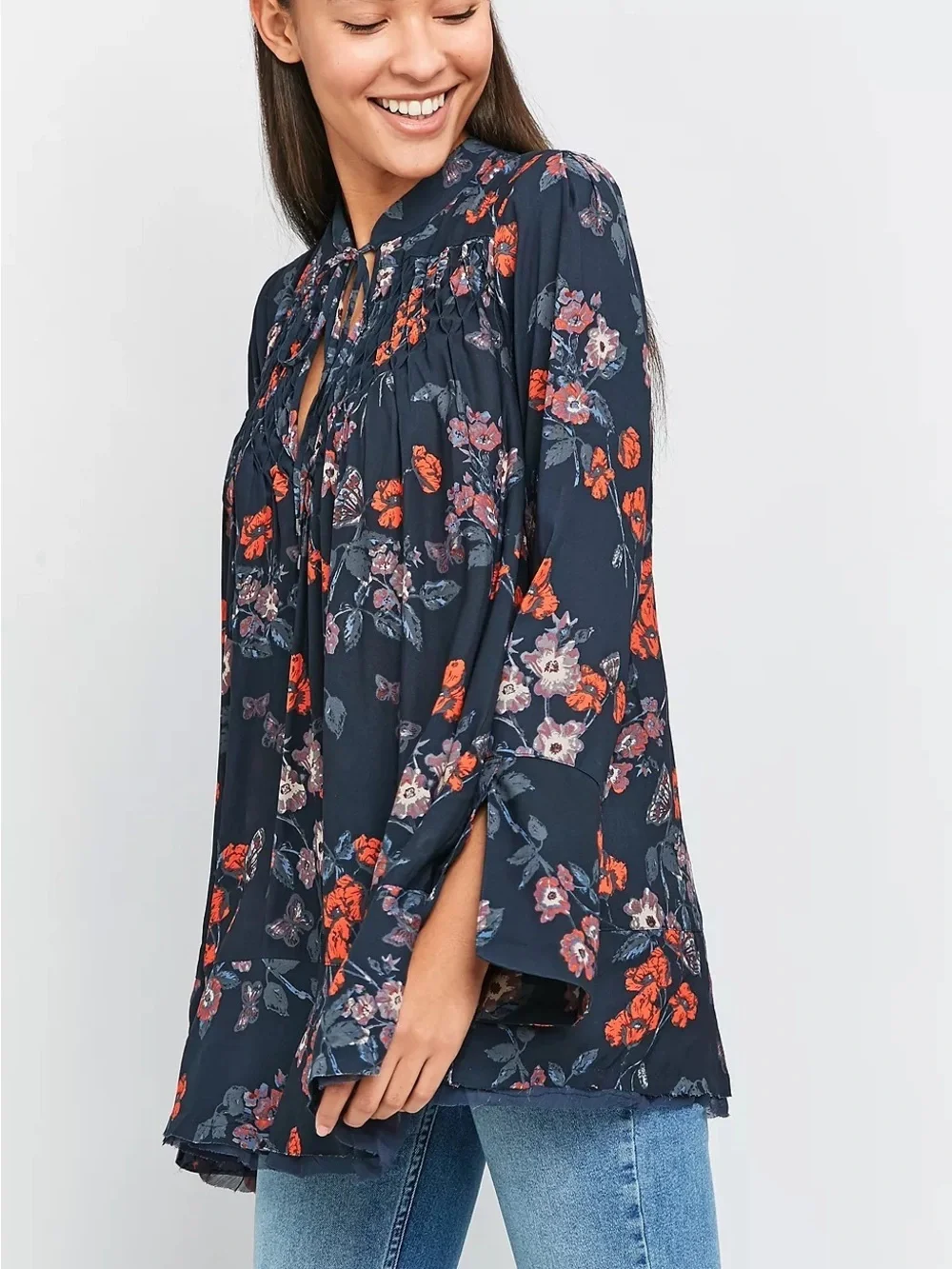 Free People So Fine Floral Smocked Crepe Top - Sz Large